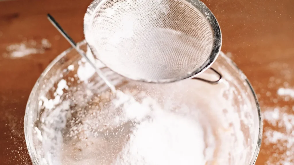 Pó branco sendo peneirado em recipiente de vidro: barrilha, bicarbonato e soda cáustica têm aparência semelhante