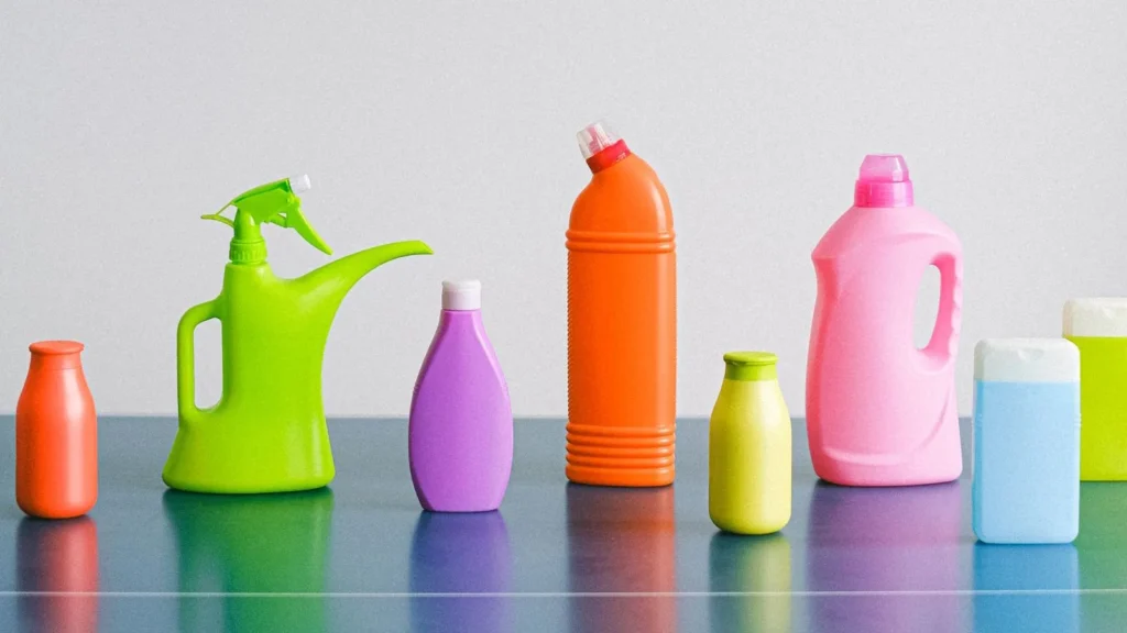 Embalagens plásticas coloridas de produtos de limpeza sobre uma mesa, sem marcas: água sanitária e hipoclorito de sódio